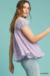 Umgee Textured Square Neck Bow Tie Blouse with Ruffle Hem OutfitFlow